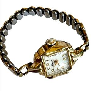 Circa 1960s Square Face Ladies Manson Watch with Gold & Silver Stretch Band